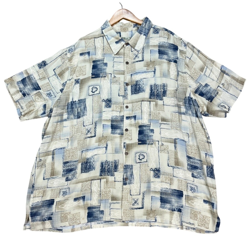 Batik Bay Button Down Shirt Mens XXL Blue Tan Short Sleeve Geometric Patchwork